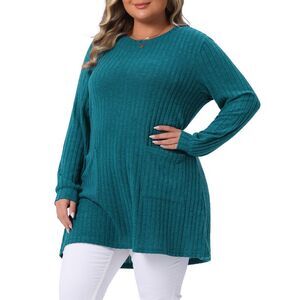 Plus Size Round Neck Long Sleeve Ribbed Knit Loose Pocket Pullover Lake Blue